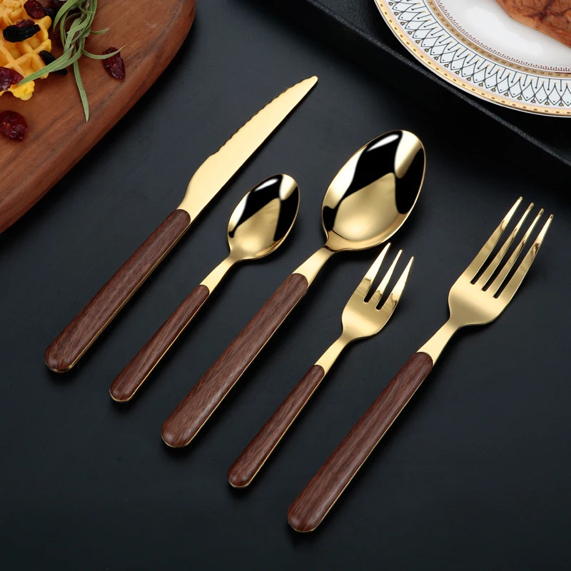 30pcs Dinnerware Set Imitat Wooden Handle Stainless Steel Tableware Western Cutlery Tea Spoon Fork Steak Knife Dinner Silverware