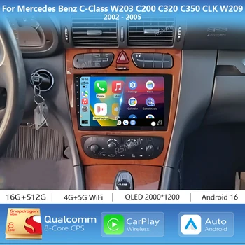 Radio multimedia para coche con pantalla 2K y Android 16 Carplay Auto para Mercedes Benz Clase C W203 C200 C320 C350 Autoradio GPS Estéreo 1