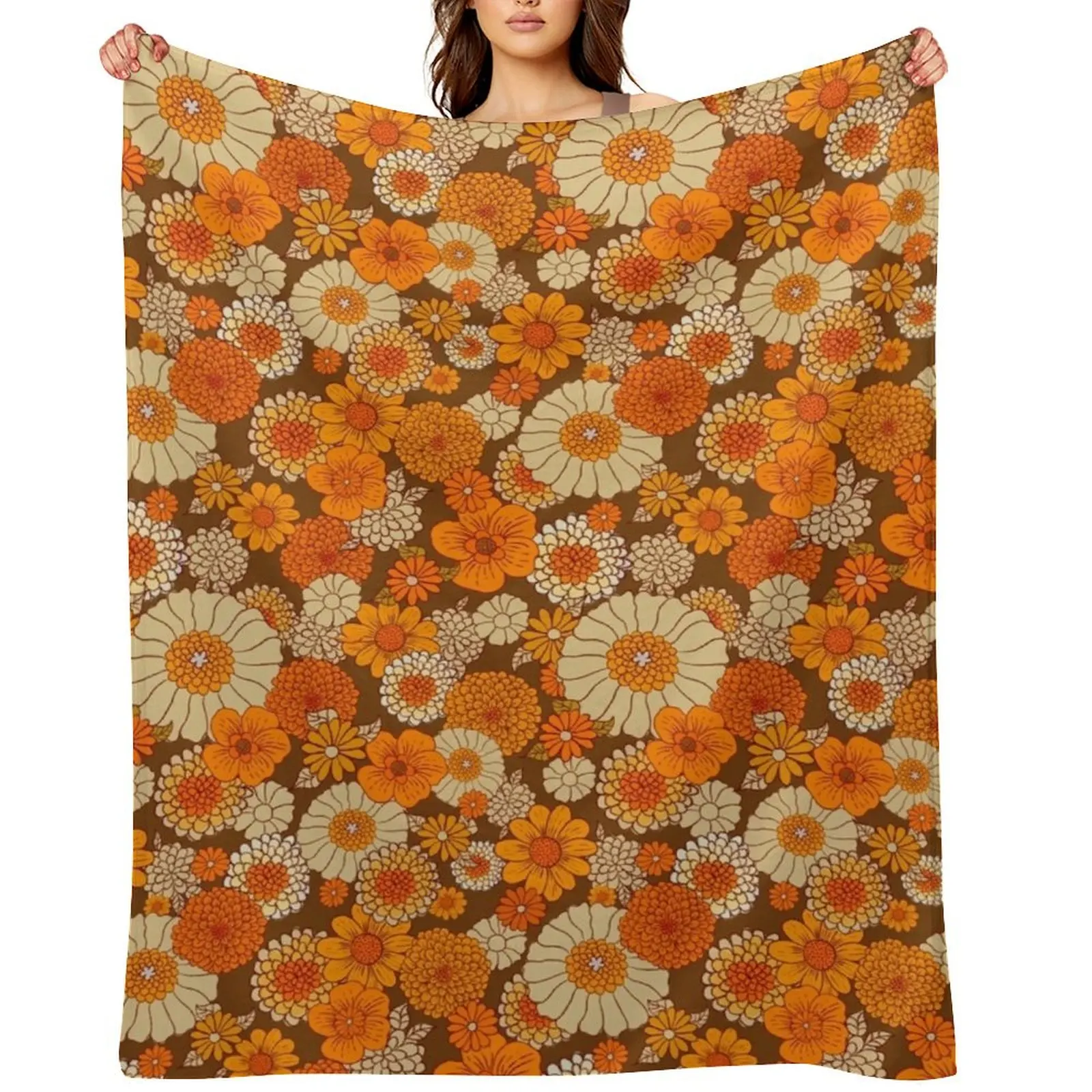 

70s retro daisies, vintage flower power, orange and brown, boho, Throw Blanket Moving decorative Blankets