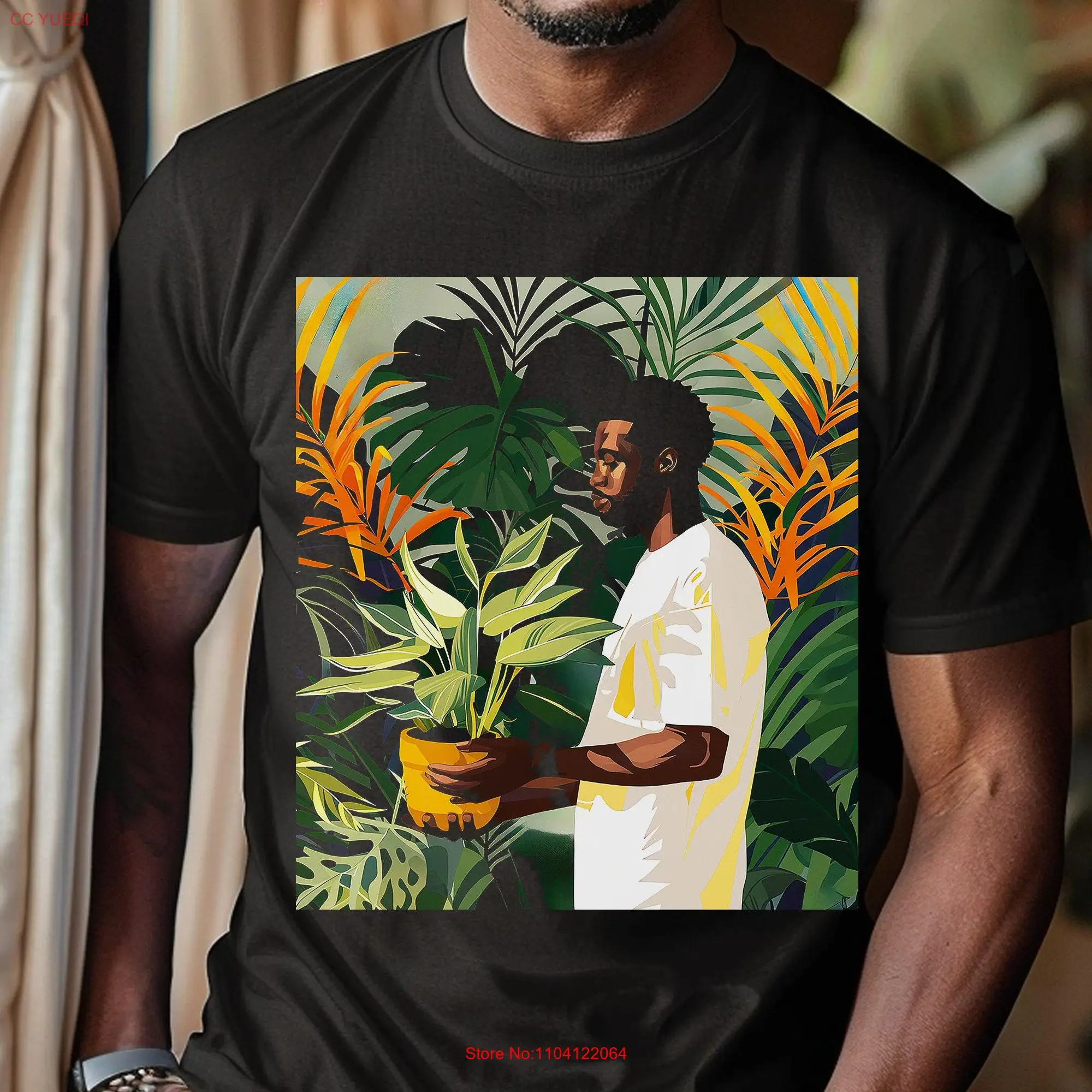 Black Man with Potted PlanT T Shirt long or short sleeves