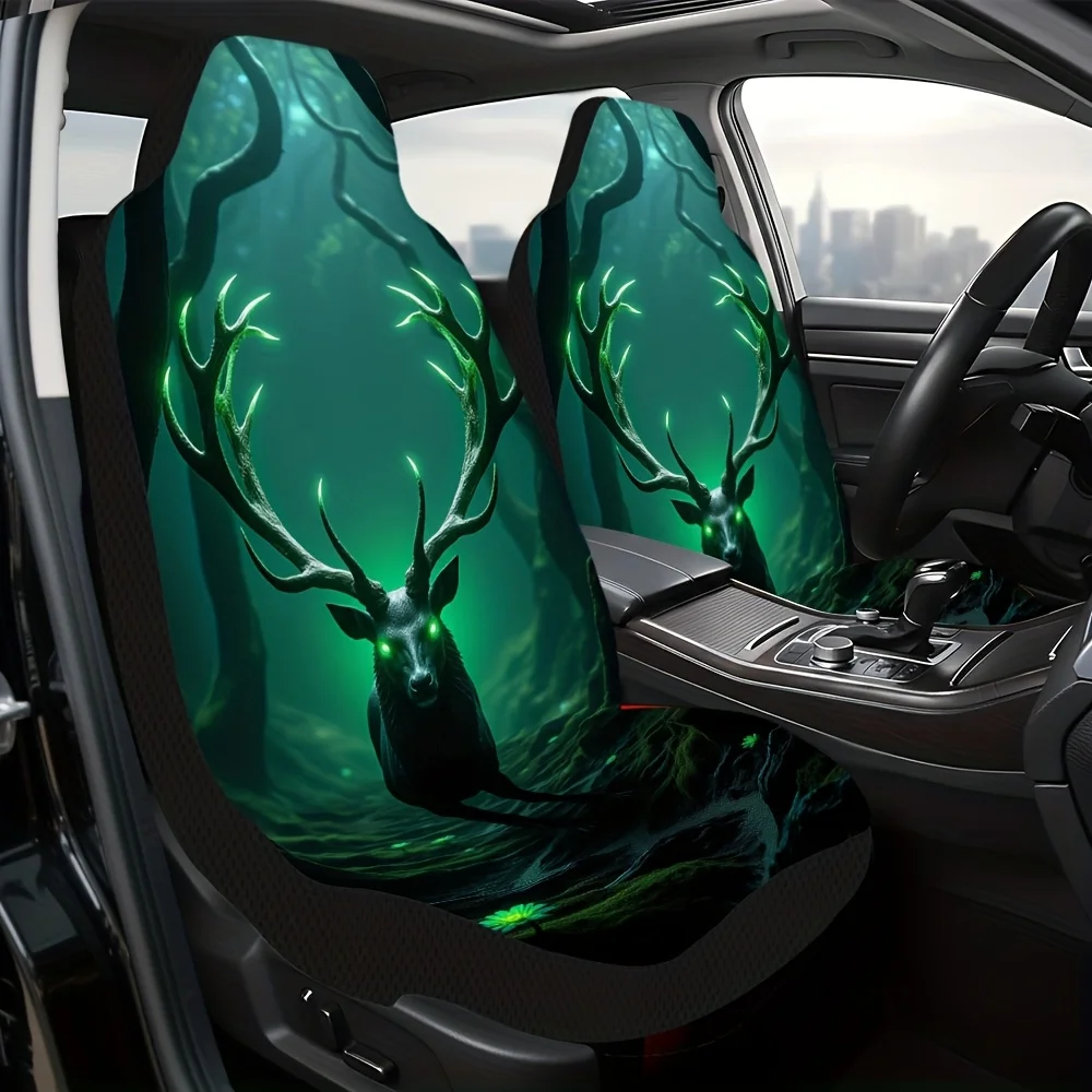 2pcs, Glowing Deer Forest Creature Pattern Car Seat Covers, Durable And All Season Use, Suitable For Most Sedan And SUV Front Se
