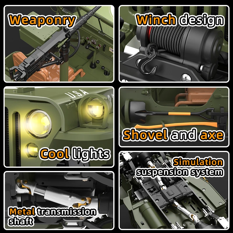 Hengguan HG4-58 1/14 2.4G Remote Control Jeep Military Off Road Model Car With Led Light Sound Winch Metal Driveshaft