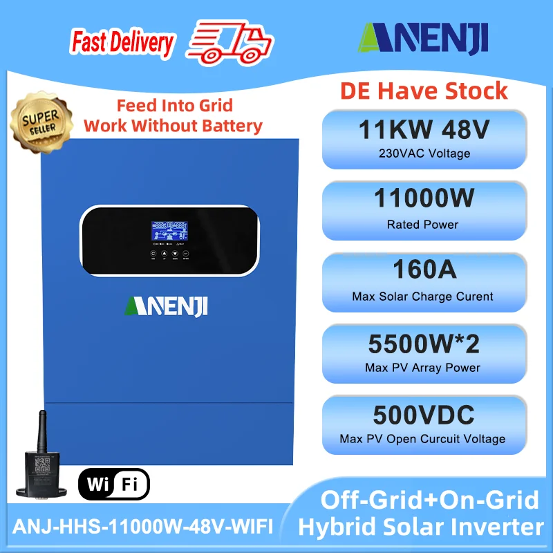 

11KW Hybrid Solar Inverter 48V MPPT Photovoltaic On/Off Grid Inverter 220VAC PV 500V Built-in 160A Solar Charge Controller