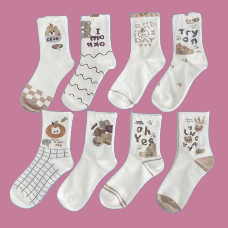 

8/16 Pairs 2024 New Women's Bear Spring And Summer Ins Fashion Socks Mid-Tube All-match College Style Cute Japanese Casual Socks