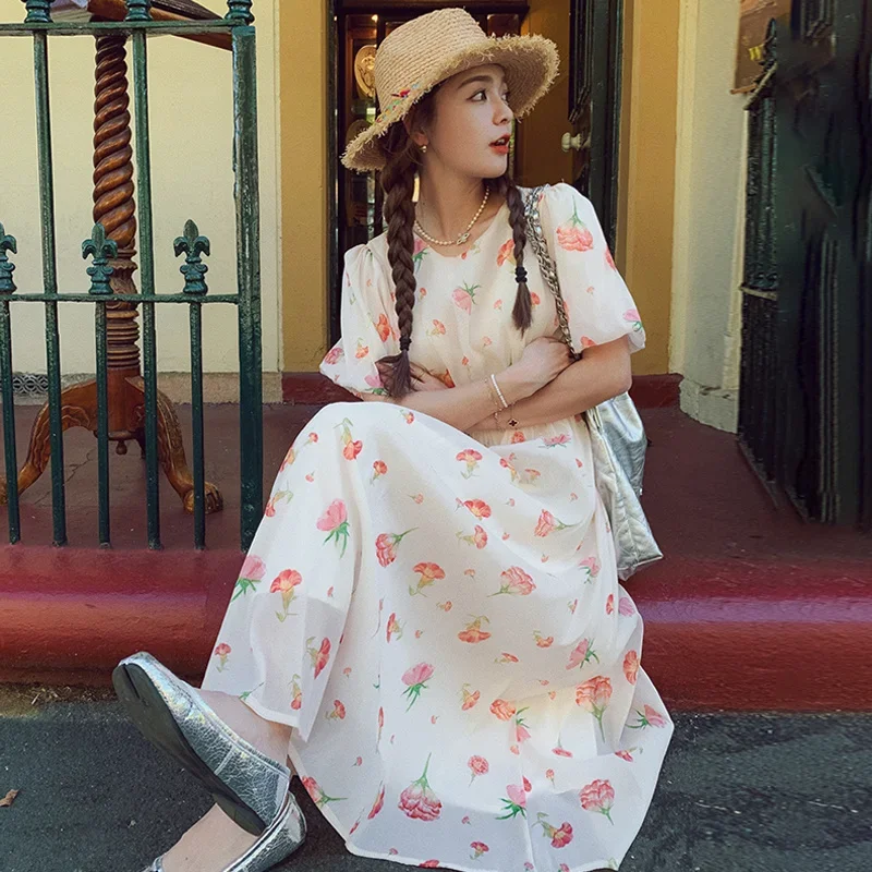 

Sweet Princess Dresses Girls Small Fresh Floral Dress French Style Temperament Women High-end Slimming Round Collar Long Skirt