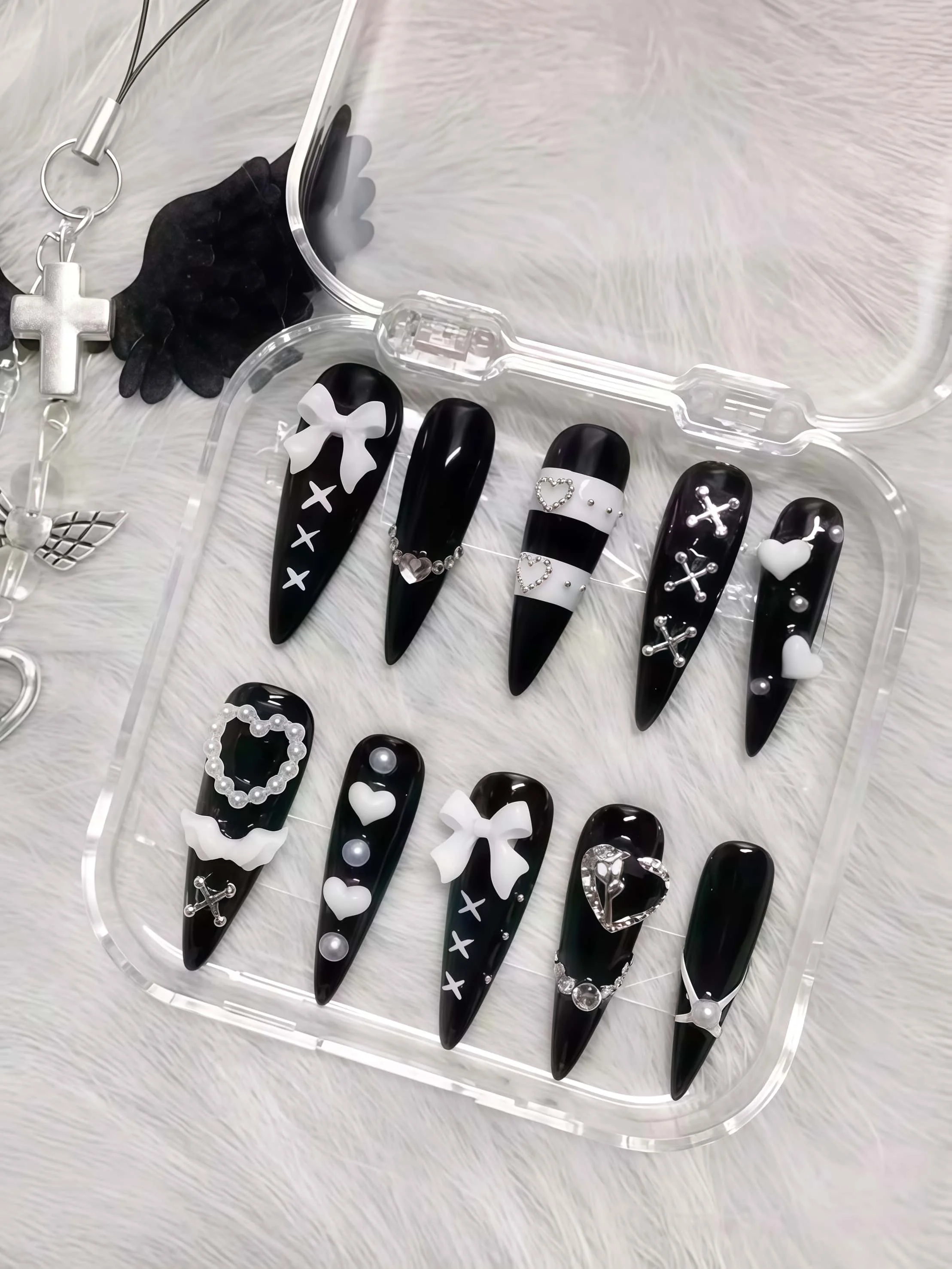 10 Pieces of Handmade Pointed Full-Cover Nail Tips, Extra Long, Black and White, Subculture Sweet-Cool Gothic Style, Suitable for Women and Girls, Perfect for Halloween, Subculture Parties, and as a Gift, Comes with 1 Piece of Jelly Glue and 1 Nail File