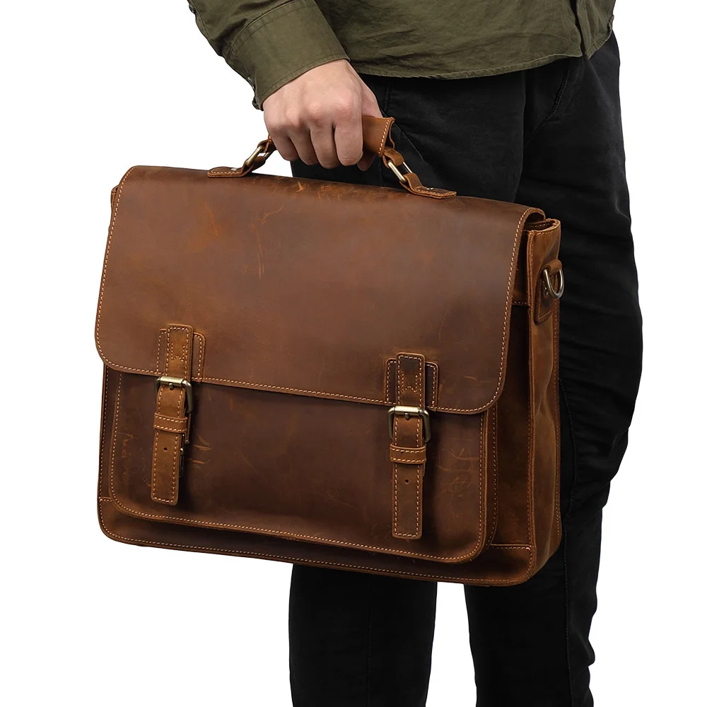 Maletín de cuero genuino Crazy Horse para hombre, bolso de negocios Vintage, bandolera para hombre