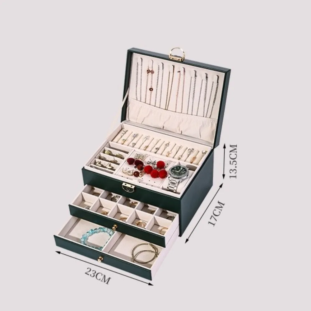 Three-layer Jewelry Storage Box PU Leather Earring & Necklace Storage​ Jewelry Organizer with Key​ Jewelry Display Case​