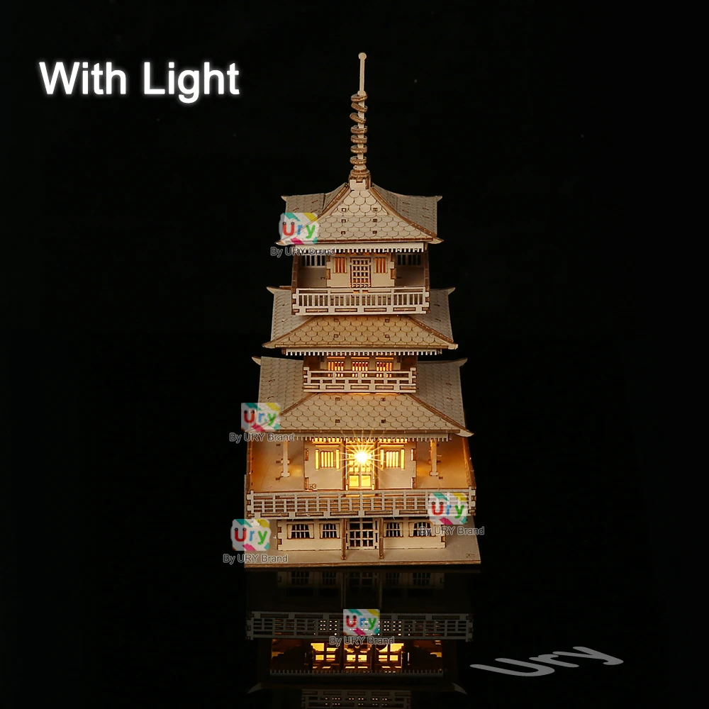 URY 3D木製タワー古代パゴダ中国伝統パズルライト付きDIYモデルゲーム組み立てデスクトップおもちゃ子供大人向けギフト