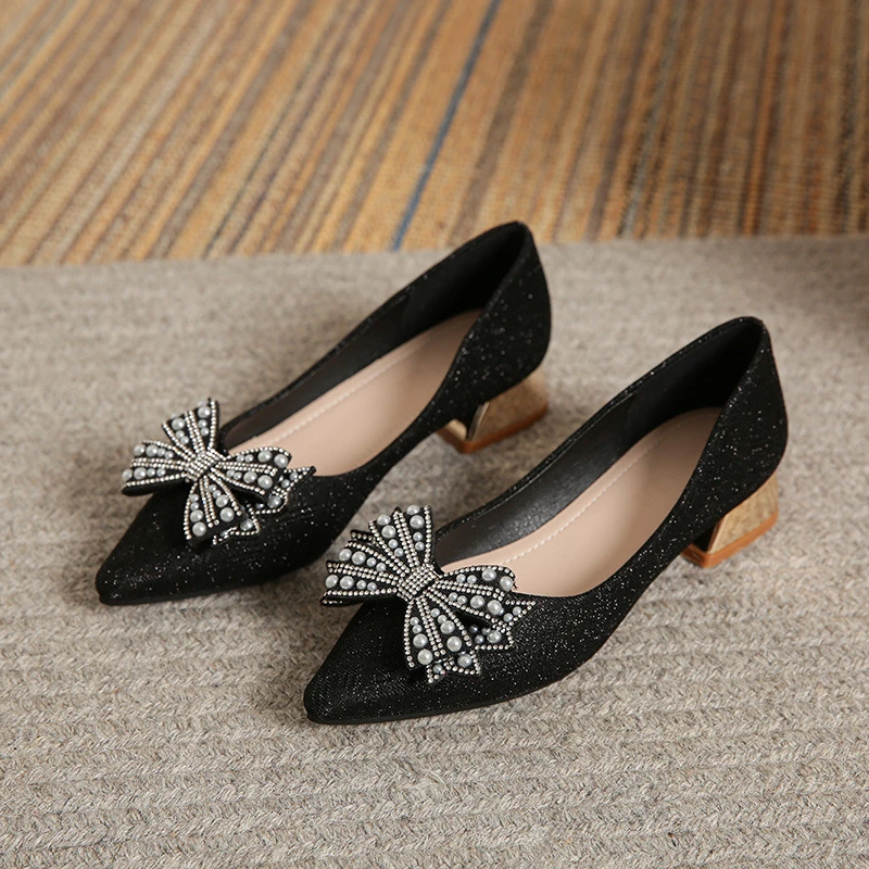 

Womens French Style Pointed Toe Pumps Black Rhinestone Chunky Heel Cocomatch Style Plus Size Shoes Perfect For Matching Dresses