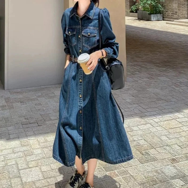 Early Autumn Vintage Women's Denim Dress Spring Autumn 2026New Leisure Solid Color Elegance Slimming Fashion Women Clothing