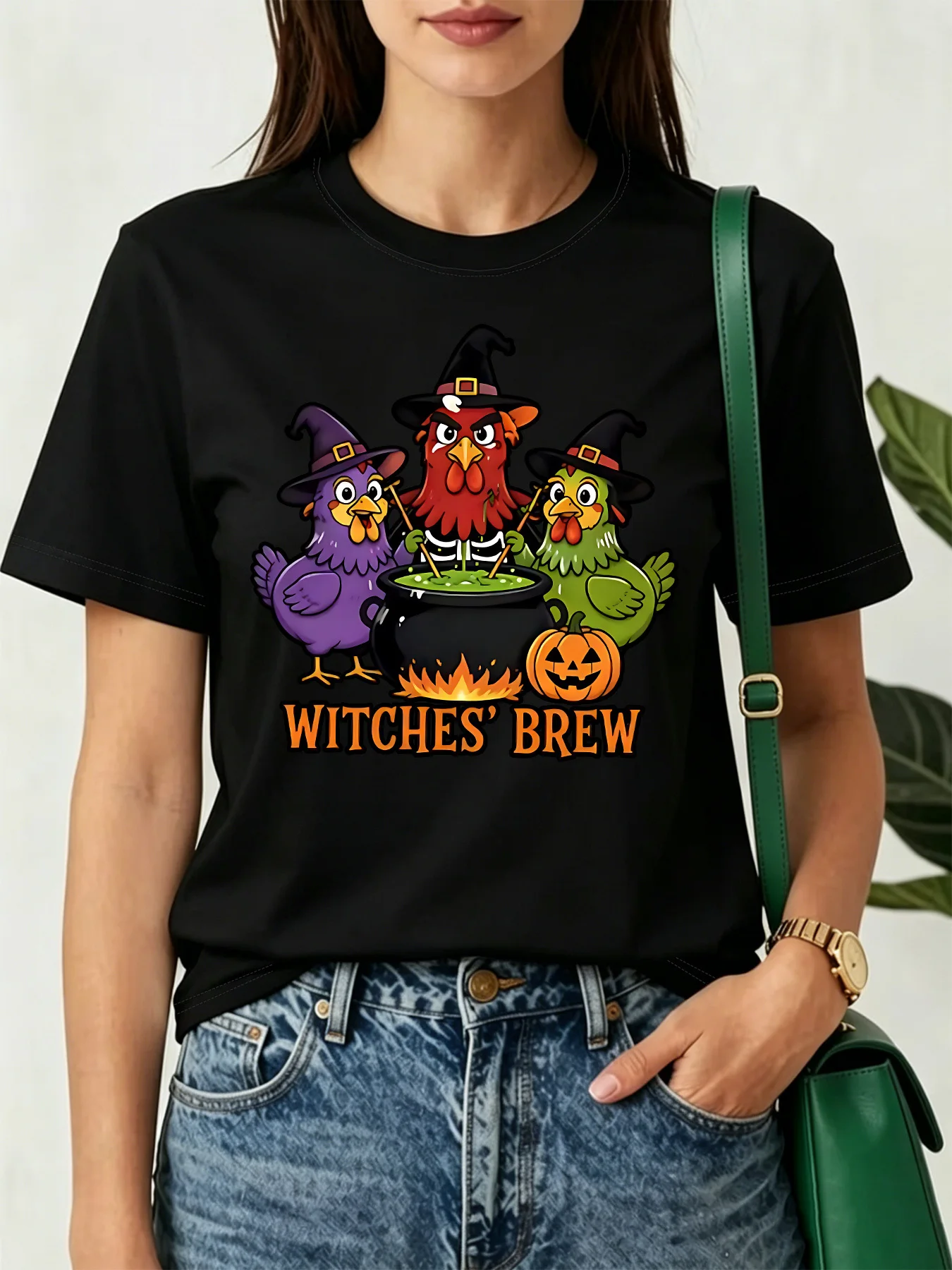 Cute Witches Brew Halloween Chicken Pumpkin Art Print Graphic Womens T Shirt Short Sleeve Crew Neck Casual Ladies Tee Tops