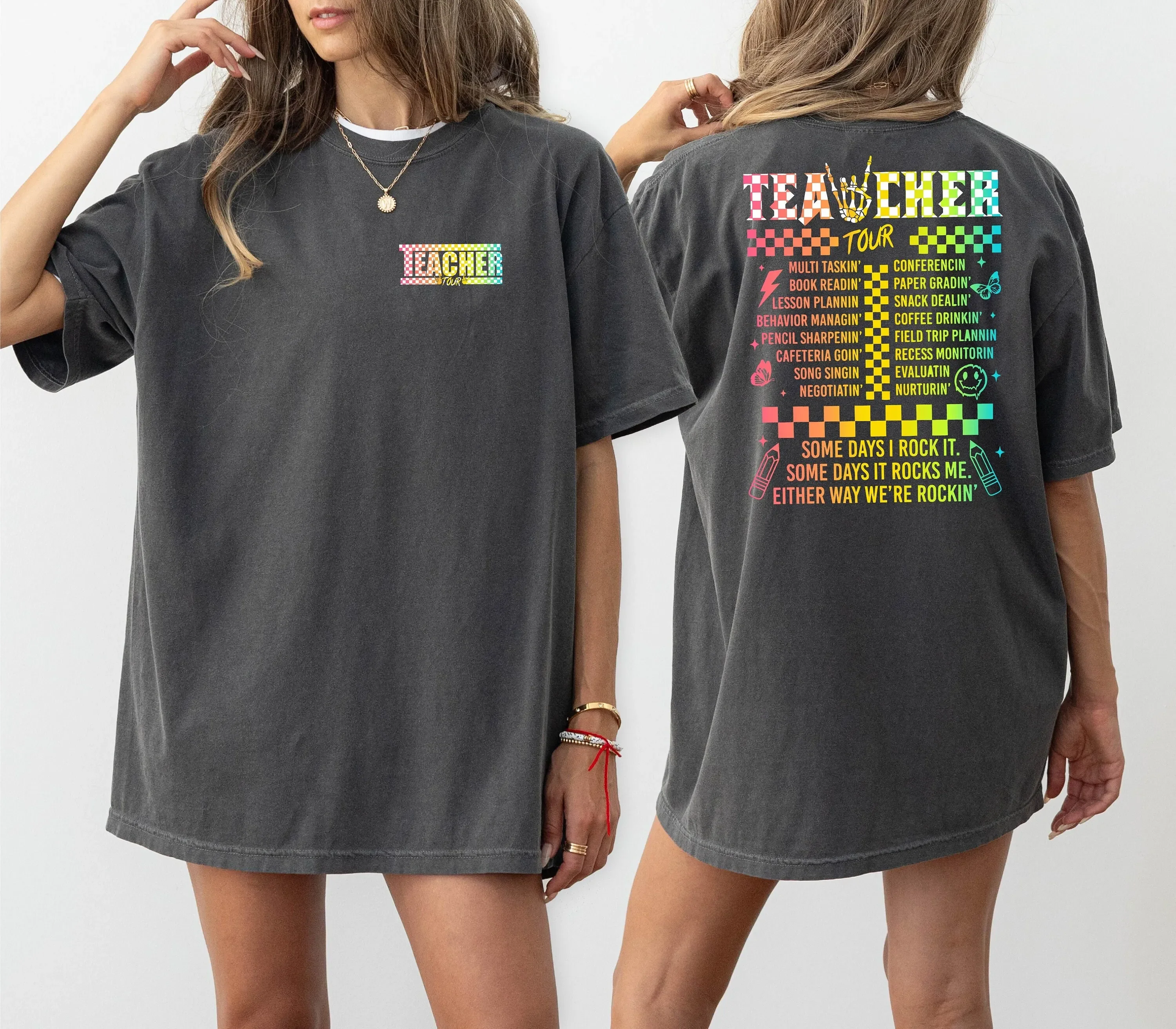 Checkered Teacher Tour T Shirt Some Days I Rock It Rocks Me Either Way We'Re Rockin'  Life