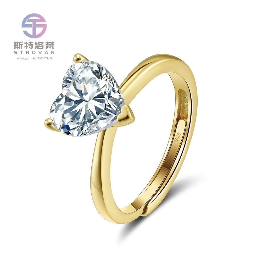 

LZR40 Adjustable Gold Ring 925 Silver Heart Cut Solitaire 8A Cubic Zirconia CZ Wedding Promise Ring Engagement Ring for Women