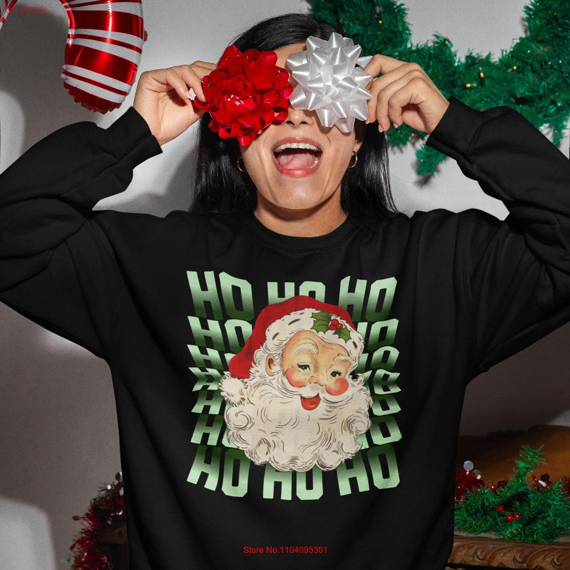 Retro Santa Claus Ho Gradient SweaT T Shirt Vintage Sweater Holiday Inverted Lettering Plus Sizes long or short sleeves