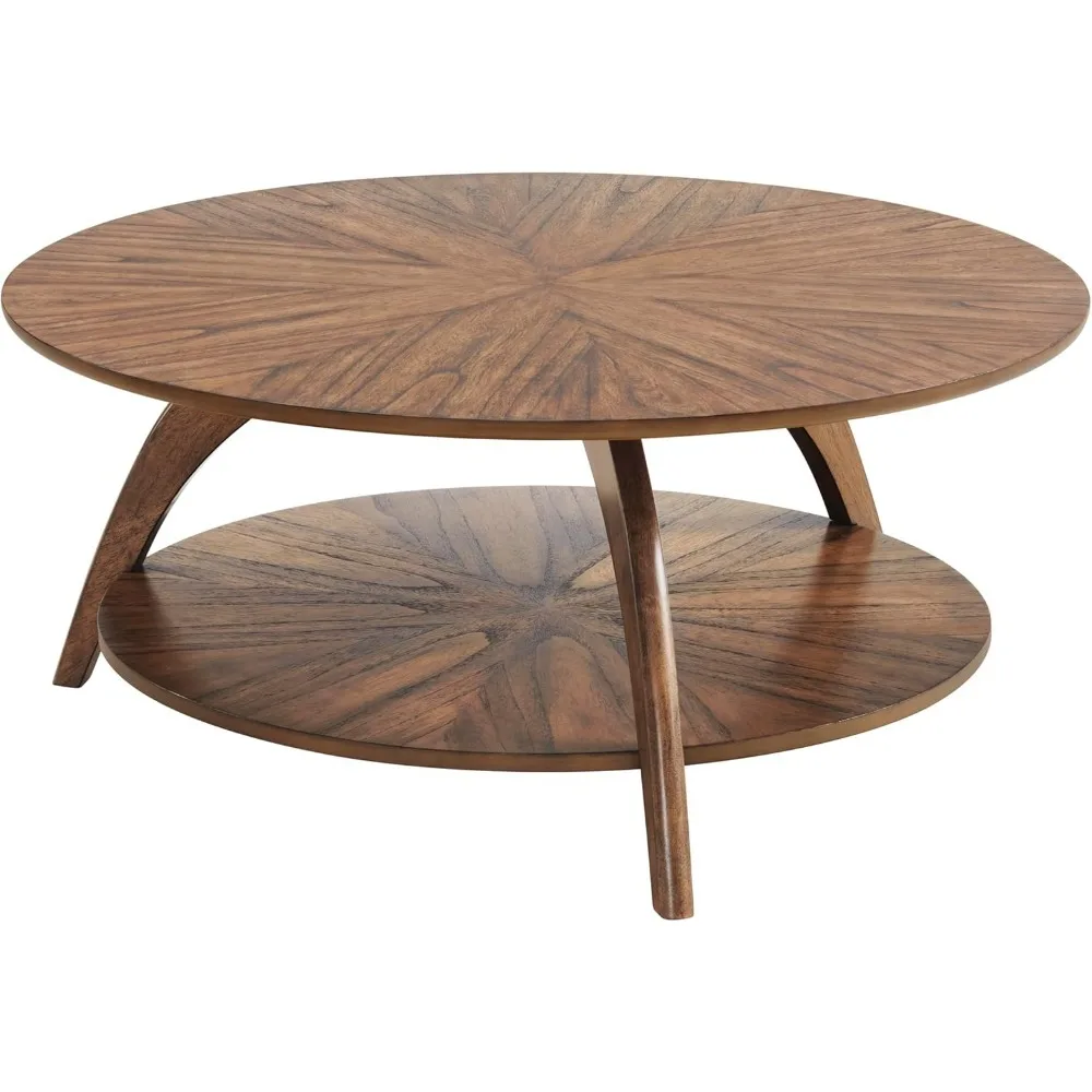 Round Wood Brown Living Room Coffee Table With Storage Shelf,Coffee Table