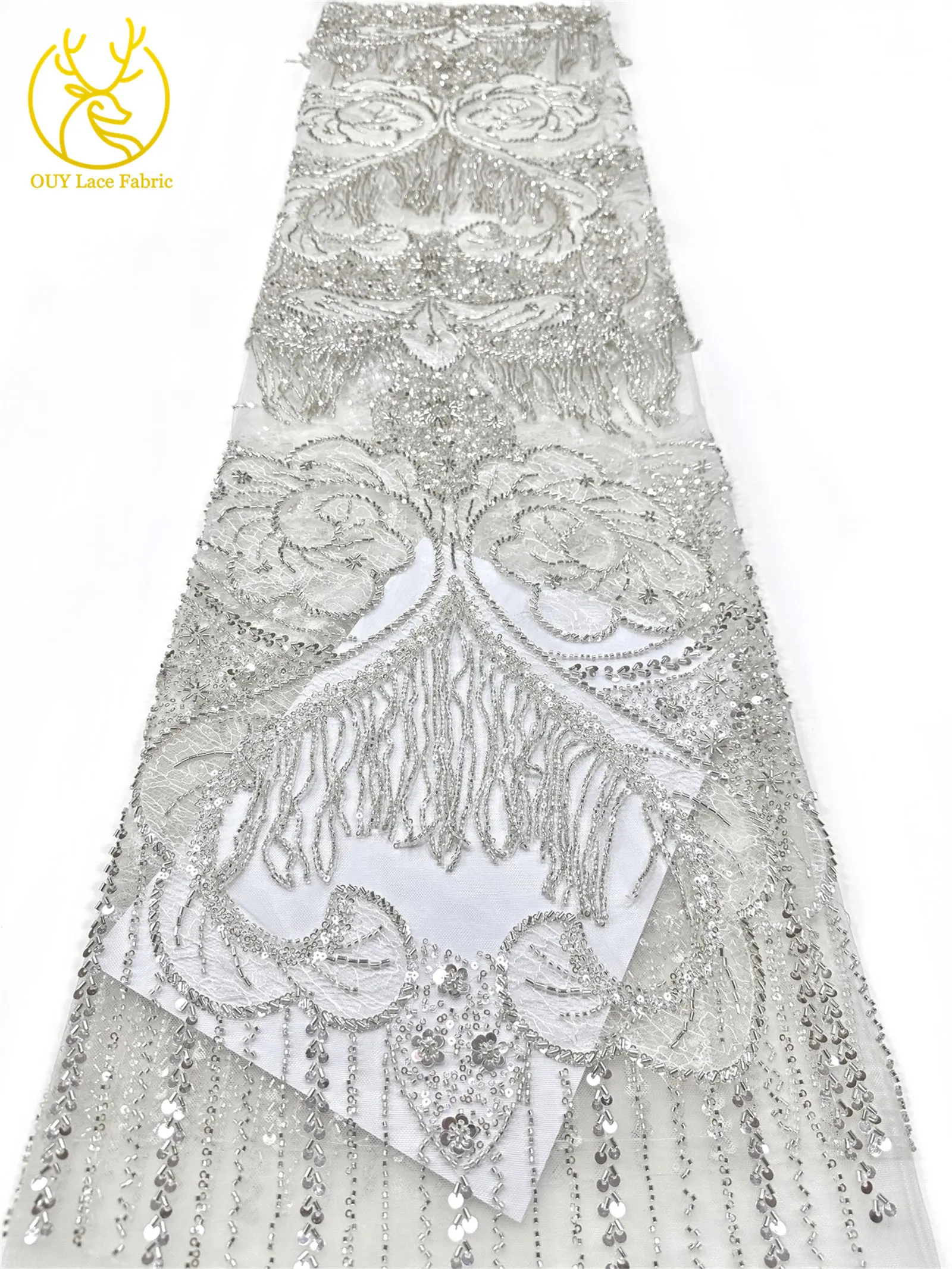 Goldene französische 3D-Laser-Quasten-Perlen-Spitze, luxuriöser afrikanischer Pailletten-Spitzenstoff, nigerianischer Mesh-Spitzenstoff für Damen-Hochzeiten – Detail 24