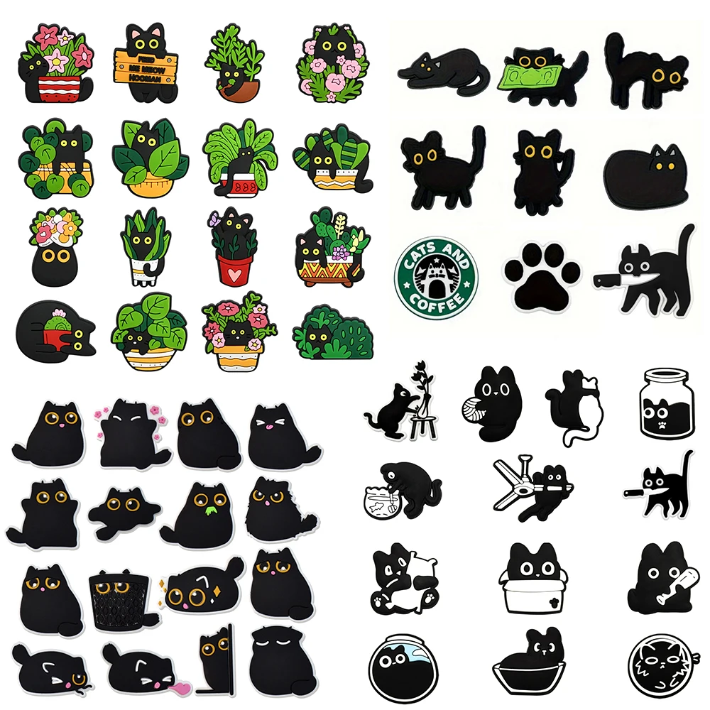 9-16pcs Bonsai Black Cat Animal Shoe Charms For Clogs Shoe Decoration Premium Quality Shoe Accessories for Great X-mas Gift