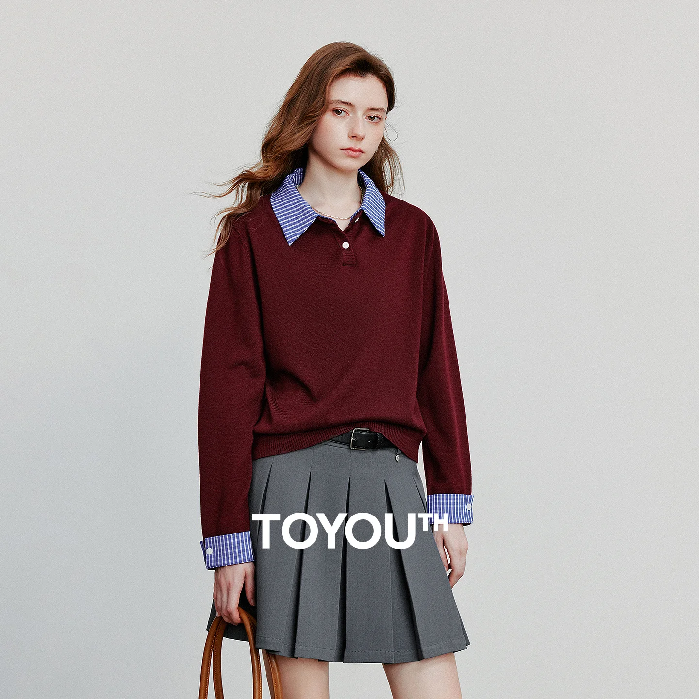 

TOYOUTH Wool Knitted Sweater 2025 Autumn New Splicing Grid Retro College Style Turn Down Collar Pullover Tops