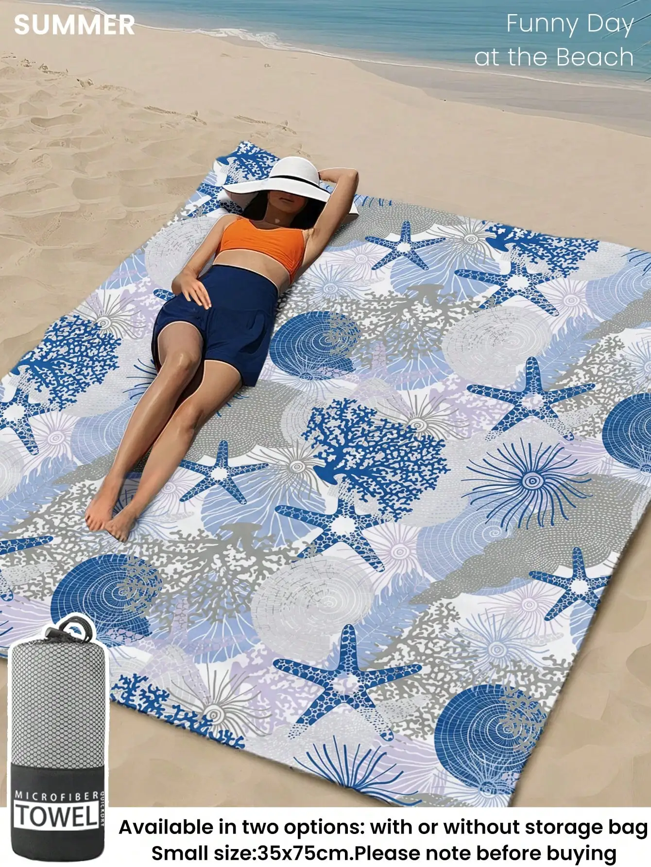 

1pc Printed Beach Towel, Swimming Towel, Blue Shell Pattern Bath Towel, Fashionable Beach Towel, Super Absorbent Towel Suitable For Bathroom, Swimming, Fitness, Yoga, Soft And Comfortable Microfiber Towel, Lightweight And Portable, Windproof,