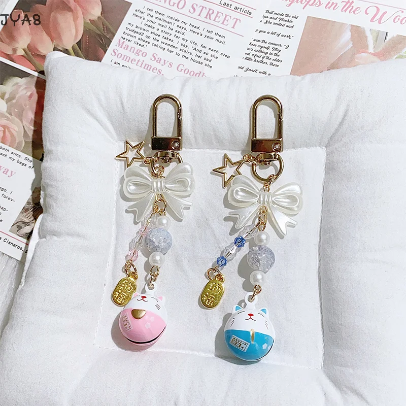

Cute Cartoon Amulet Lucky Cat Bow Keychain With Bell Bag Pendent Exquisite Fashion Backpack Decoration Accessories Gifts