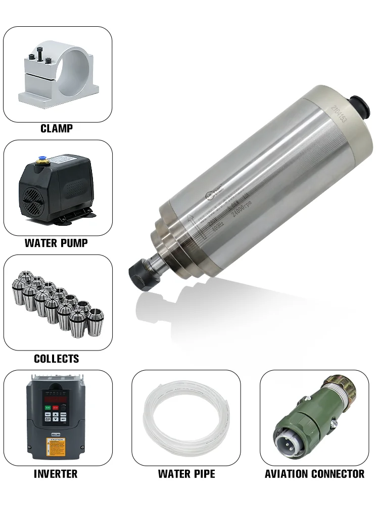 HLTNC 3kw Water Cooled Spindle 3KW Spindle Motor 220v/3kw Frequency Inverter HY +ER20 Collcet +100mm Spindle Clamp+ Pump for Cnc