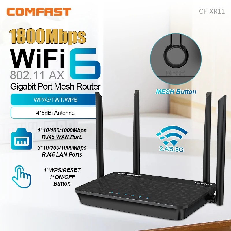 Comfast WIFI6 Router 1800/3000Mbps, Router Bezprzewodowy 5G+2.4G, Port Ethernet 2.5 Gigabit, 4 Anteny 5dBi, Szerokie Pokrycie Domowe