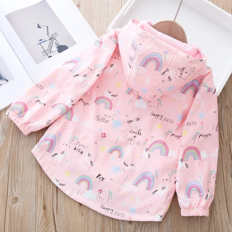 Cute Rainbow Unicorn Girls Jacket Spring Autumn Christmas Outerwear Hooded Zipper Boys Windbreaker Coats 2-10 Years Kids Clothes