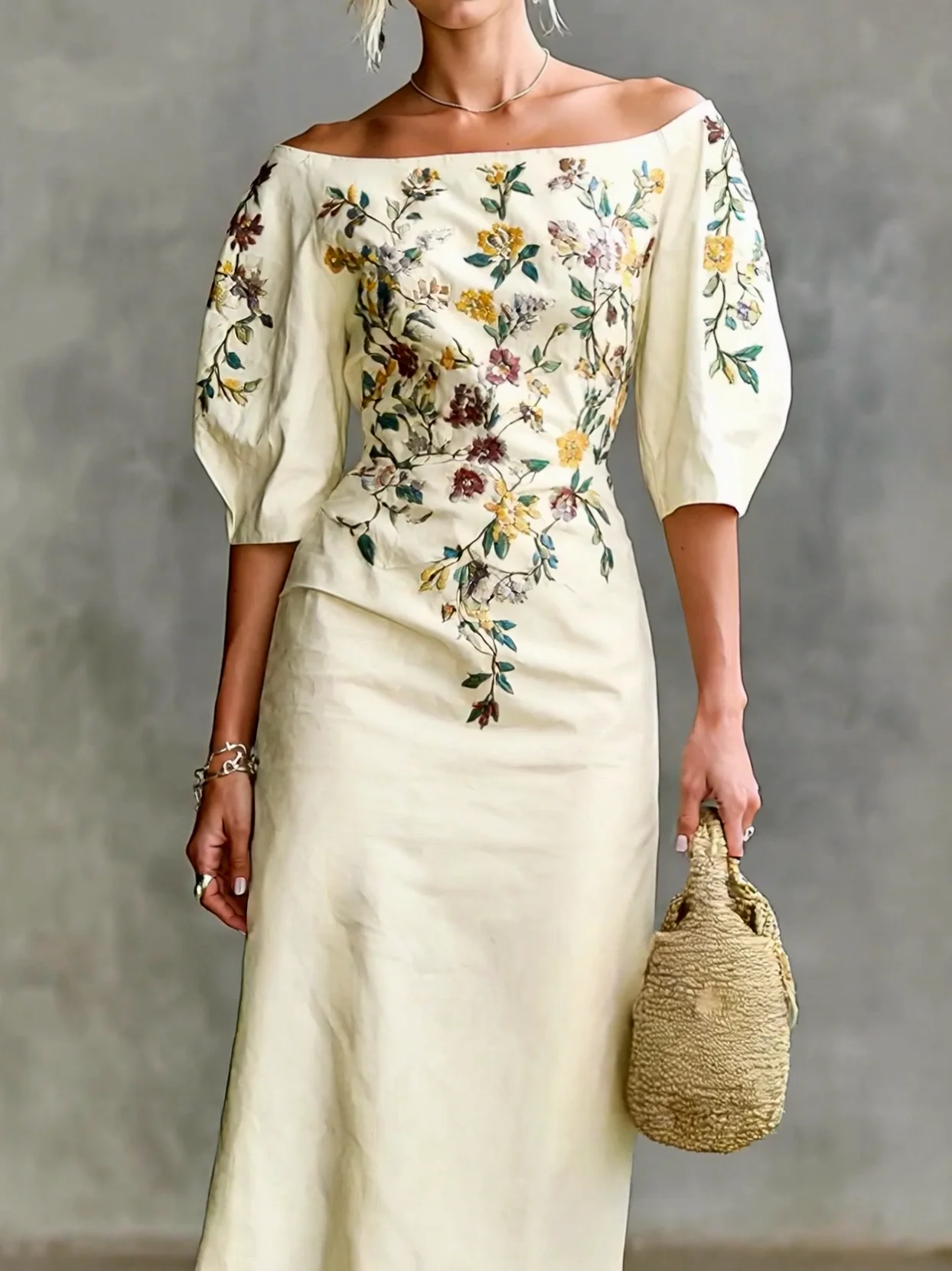 Vintage Floral Embroidery Print Off Shoulder Midi Dress Puff Sleeve Slim Fit Bodycon Split Cocktail Party Dresses For Women view 3