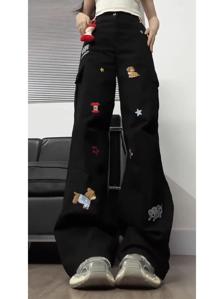 

American Cartoon Sausage Dog Stimulated Loose Straight Leg Jeans ex Plaid Patchwork Retro Workwear Trousers