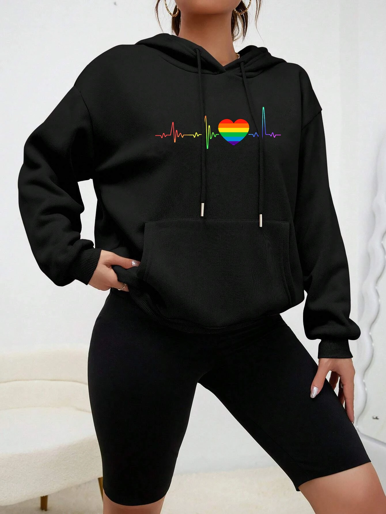 A Beating Color Heart Electrocardiogram Printed Hoodies Women Hip Hop Loose Sweatshirt Autumn Fashion Clothes Casual Pullover
