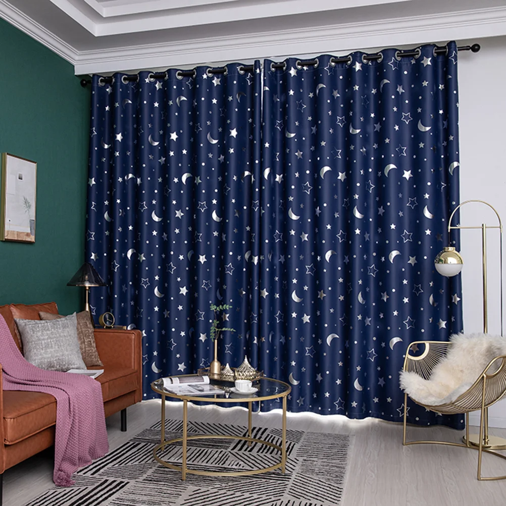 

1 pc Blackout Curtains 100X130Cm Silver Stars Moon Print Thermal Insulated Window Curtain For Living Room Bedroom Navy