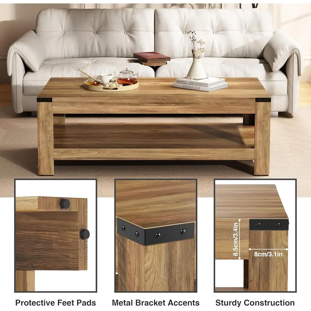 Modern Rustic 47.2 Farmhouse Coffee Table with Storage, Rectangular Living Room Centerpiece, 2-Tier Industrial-Style Cocktail Ta