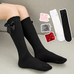 1Pair Girls' Long Socks Big Bow Ribbon Children Solid Color Cotton Mid-Length Socken Baby Tight Stretch Semi-High Socking