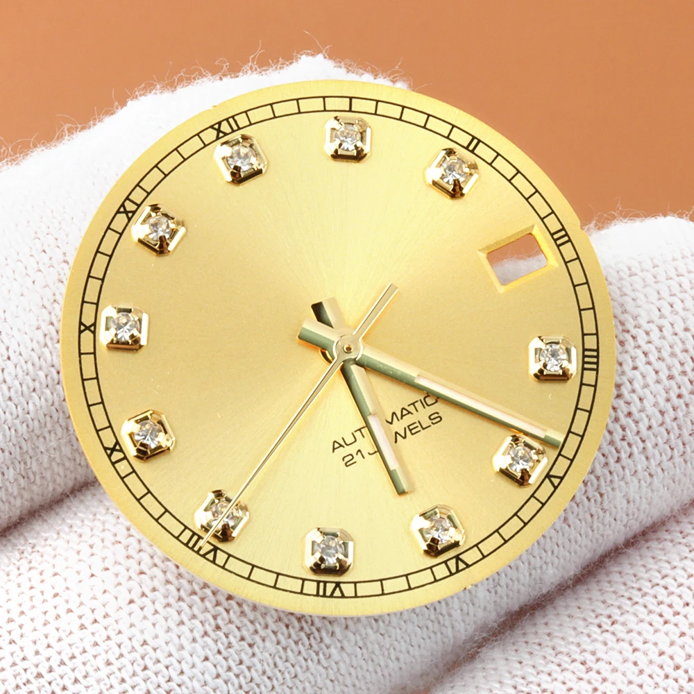 

28.5MM NH35 diamond Watch Dial Hand Green Luminous Fit Datejust Log Seiko NH35 NH36 Movement Stainless Steel Watch Accessories