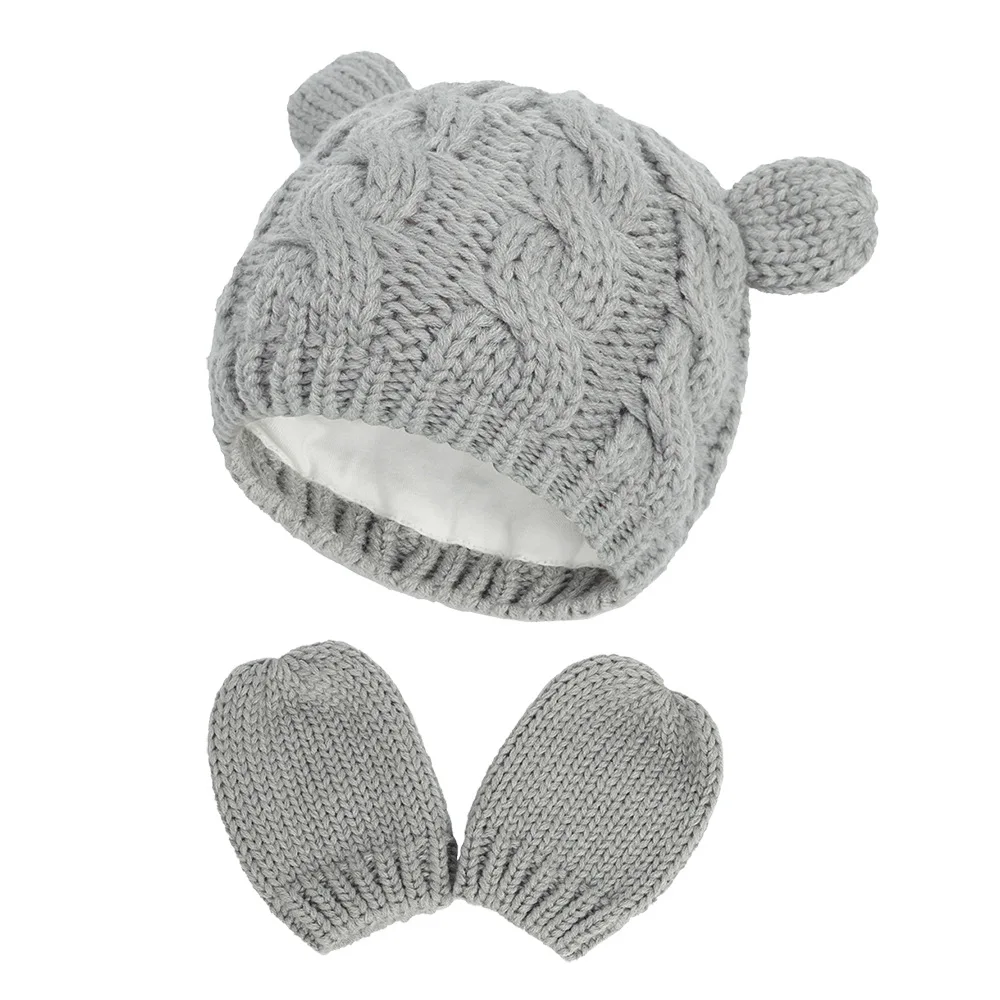 Anti-scratch Baby Hat and Mittens Set Kids Knitted Cotton Beanie Cap Winter Warm Cute Little Ear Shaped Hats for Boys and Girls