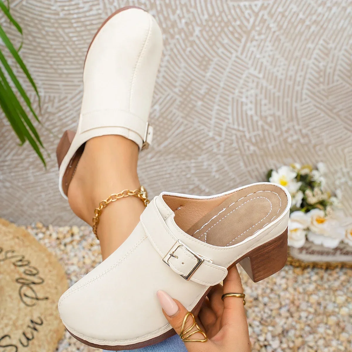Damen Mules Pantoletten mit hohem Blockabsatz, geschlossene Zehenpartie, zum Hineinschlüpfen, Vintage, Sommer, lässig, bequeme Gehschuhe, Größe 36-43 – Detail 21