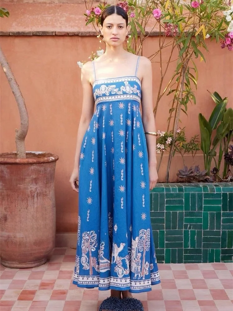 Susan Australian Small ence Linen Vaion Sle New Strapl Blue Floral Print Maxi Dr Women's Summer Svel Dr