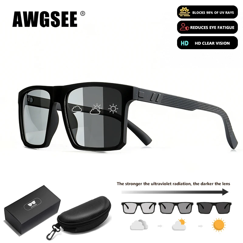 Quadratische polarisierte photochrome Sonnenbrille für Herren und Damen, schwarzer Rahmen mit Sportetui
