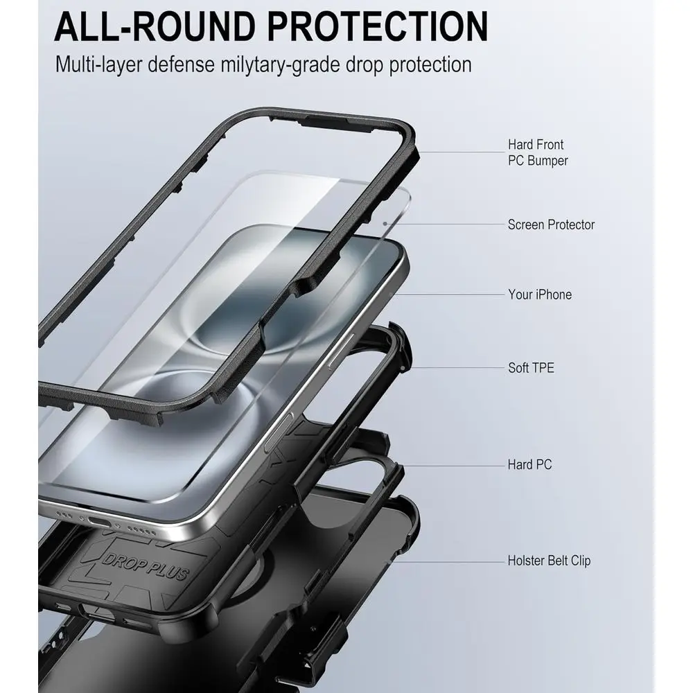 for iPhone 16 Case with Belt Clip Holster,2X Screen Protector, Heavy Duty Protection,Military-Grade Protection,Anti-Drop,Shockpr
