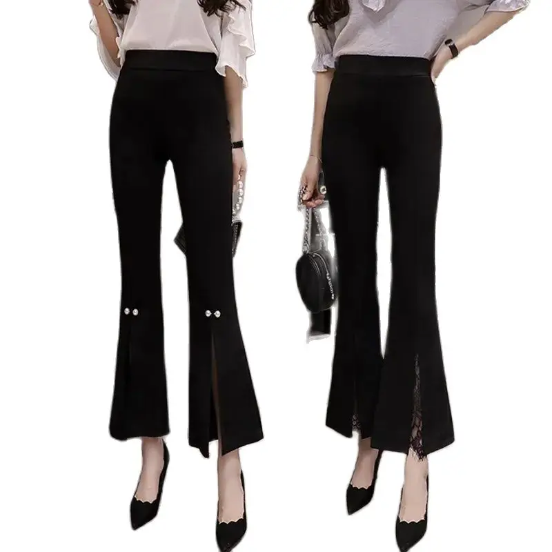 

2022 Spring Autumn New Lace Flared Pants Elastic Waist Wide Leg Pants Women's Nine-Point Pants Beaded Split Black Flared Pants