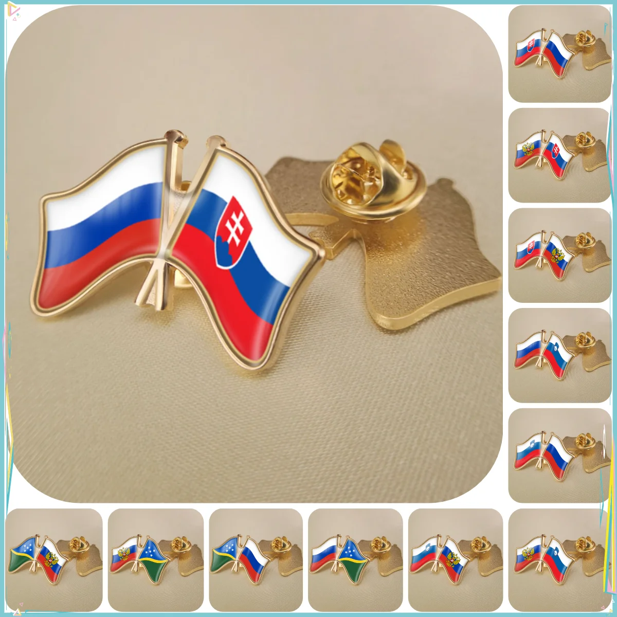 Russian Federation and Slovakia Slovenia Solomon Islands Double Crossed Friendship Flags Brooches Lapel Pins Badges