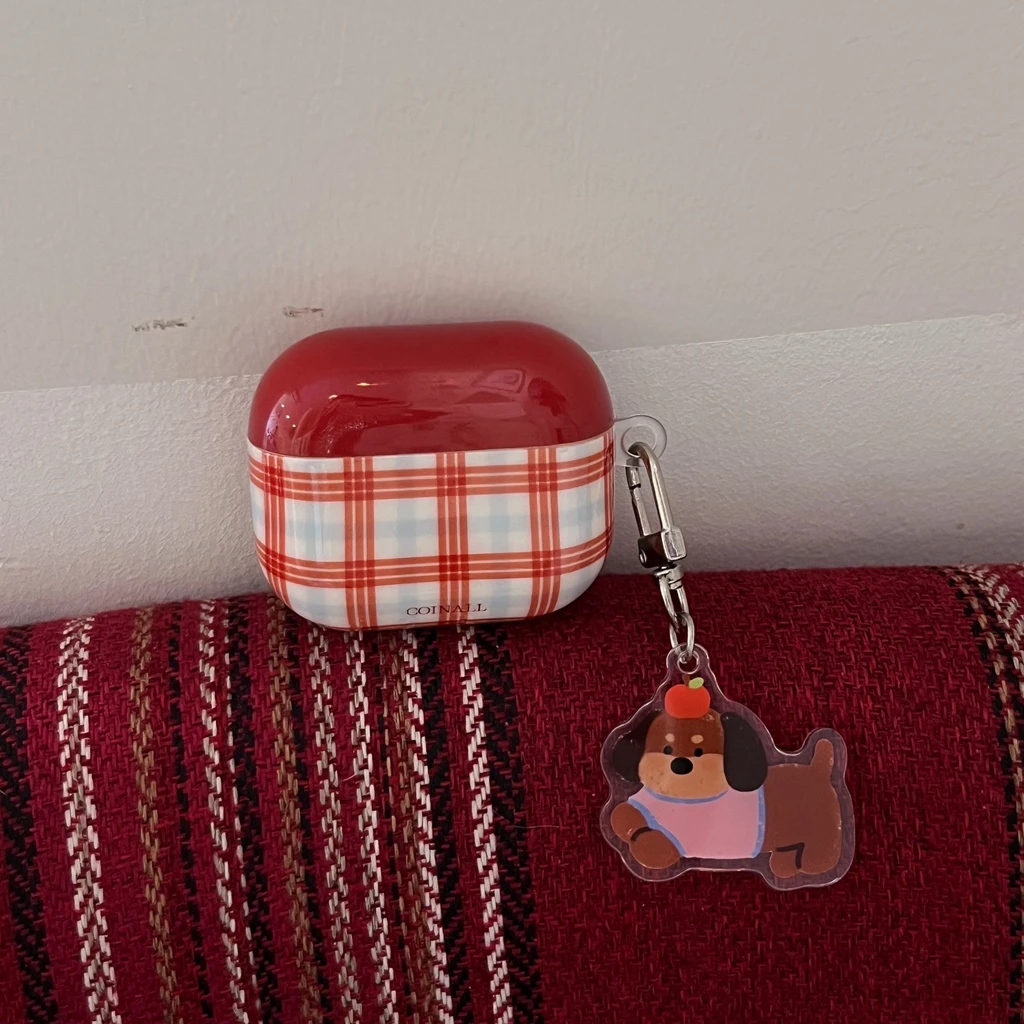 Korean Style Red Plaid Splicing Glossy With Cute Dog Pendant Protective Earphone Cover Case for AirPods 1 or 2 3 4 5 Pro 2 Pro 3