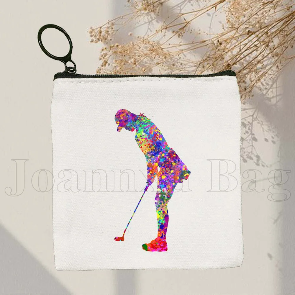 Colorful Male Female Golfer Gifts Golf Player Canvas Coin Purse Canvas Bag Small Square Key Storage Card Bag Wallet Zipper Pouch