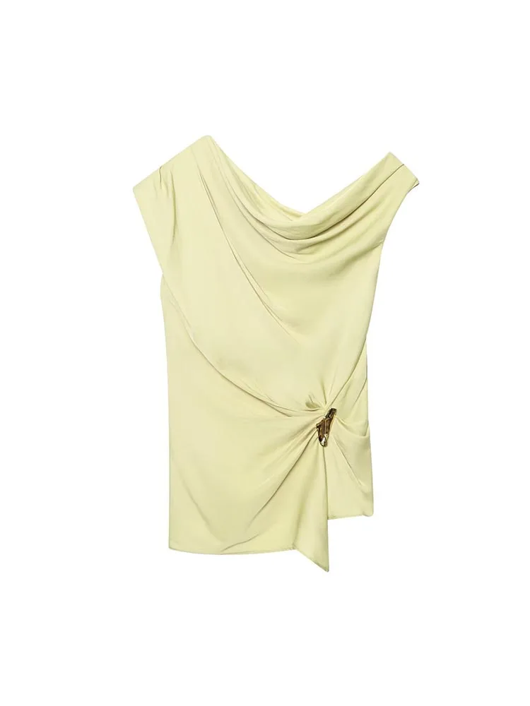 

2025 Women Summer Camis Tank Tops Fashion Solid Pleated Asymmetric Satin Female Elegant Street Top Clothing