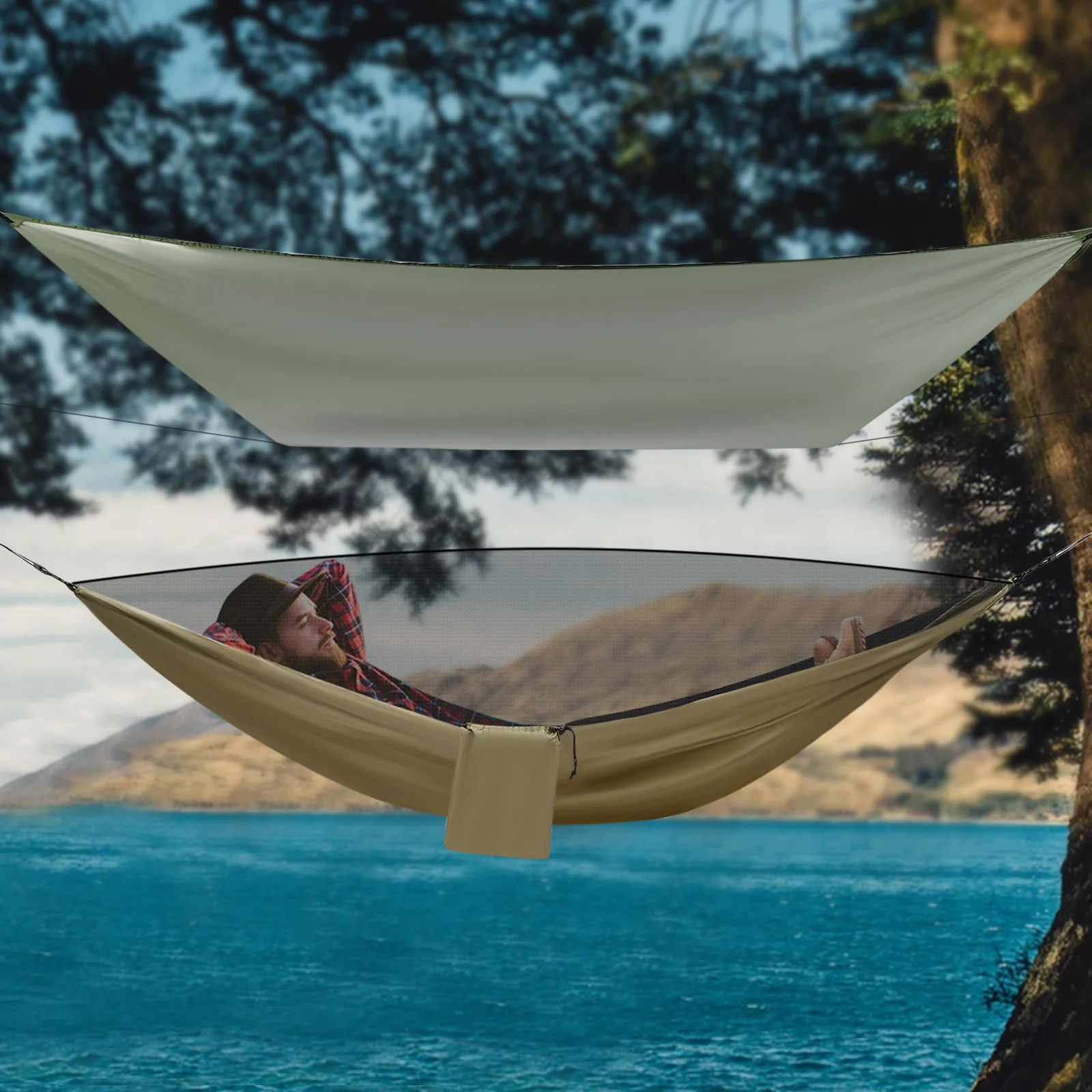 

440lbs Camping Hammock 2.9x1.4m 210T Nylon/PU2000 Tarp, Army Green for Outdoor Relaxation