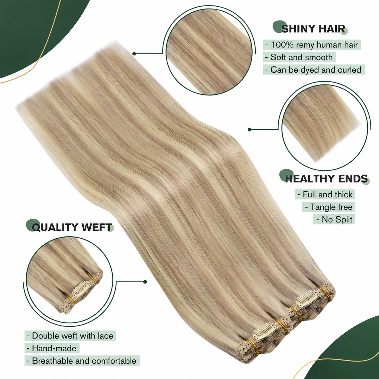 Ugeat Clip In Human Hair Extensions 7Pcs Remy Hair Highlight Blonde Balayage Silky Natural Straight Hair Extensions for Women