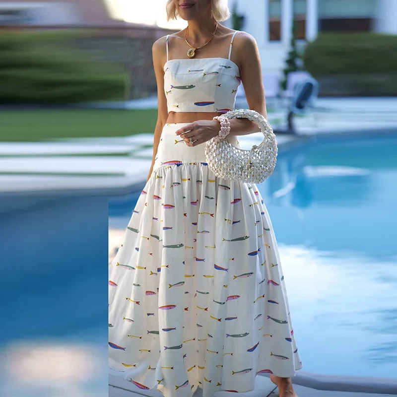 Lady Summer Pattern Printed Beach Outfit New  Fashion Hollow Sleeveless Sling 2pc Set Elegant Pleated Long Skirt Party Suit