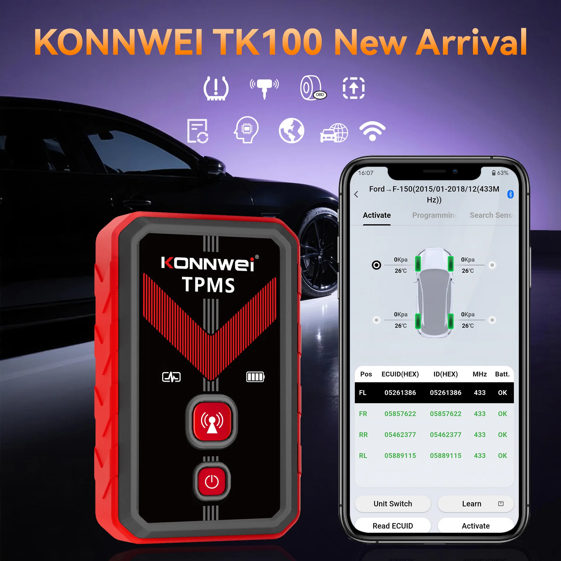 KONNWEI TK100 Car Tpms Sensor Tool Tire Pressure Programming Operating temperature range is -40C~ 105C