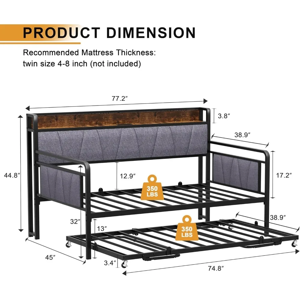 Tempat Tidur Twin dengan Tempat Tidur Tambahan, Sofa Tempat Tidur Twin Modern, Rangka Tempat Tidur Logam Kokoh dengan Sandaran Kepala Berlapis untuk Ruang Tamu, Tempat Tidur
